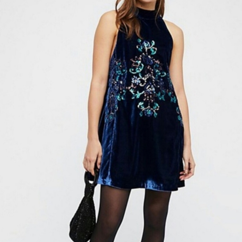 Free People Jill's Sequined Blue Crushed Velvet Halter Neck Swing Dress